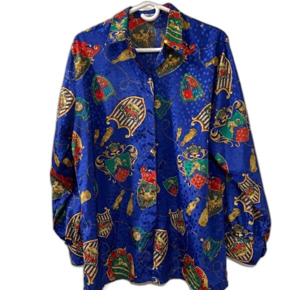 VTG Pierre Balmain Paris Royal Blue Printed Silk ButtonDown Long Sleeve Top Sz 3 - Picture 1 of 9